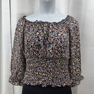 Anthropologie Black/Multi-color Floral Smocked Blouse Womens Medium